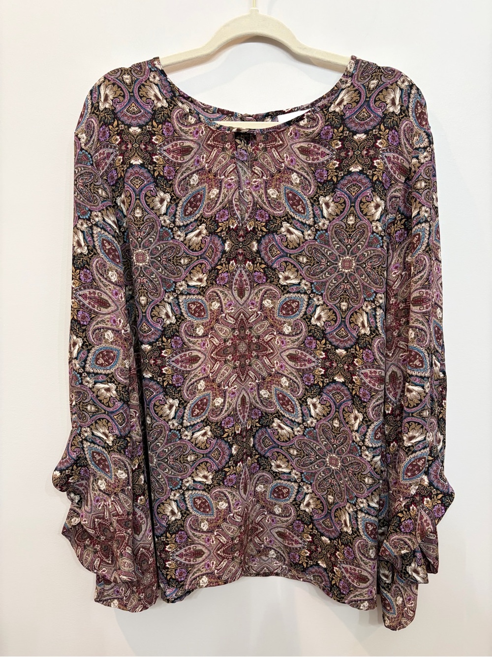 J Jill Blouse Womens 3X Floral Bell Sleeve Round Neck Keyhole Polyester Brown